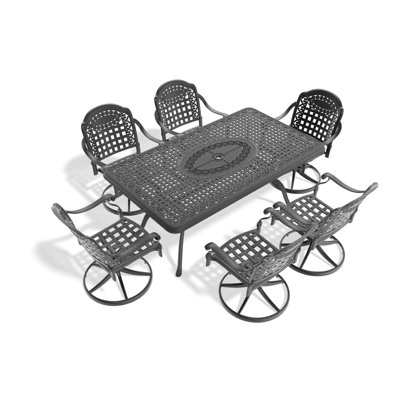 7-Piece All-Weather Cast Aluminum Outdoor Dining Set with 6 Swivel Chairs and Cushions, Black