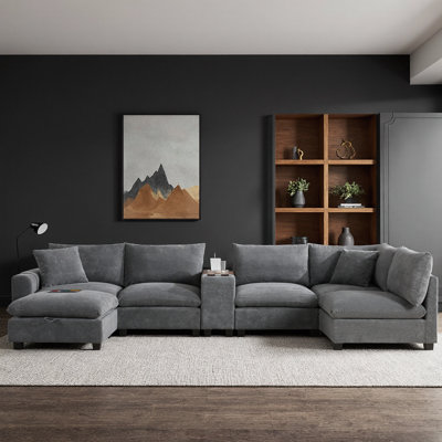 139" U‑Shaped Modular Sectional Sofa with Console – Oversized Corduroy Couch, 6 Seats, Wide 30" Seat, USB Charger, Cup Holders, Movable Storage Ottoman & Pockets – for Large Living Rooms