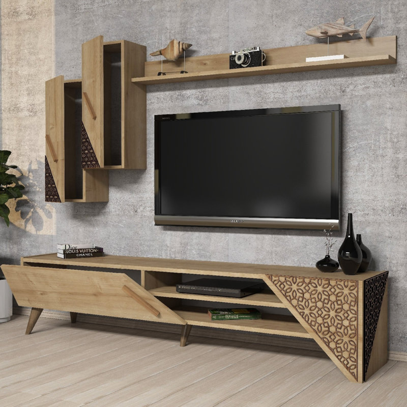Modern Oak TV Unit with Wall Shelf & Cabinet, 70.9 x 15.7 x 14.6 inches | 100% Melamine Coated Particle Board, 0.7-inch Thickness | Stylish Design with Multiple Shelves, Wall-Mountable, Perfect for Scandinavian Decor