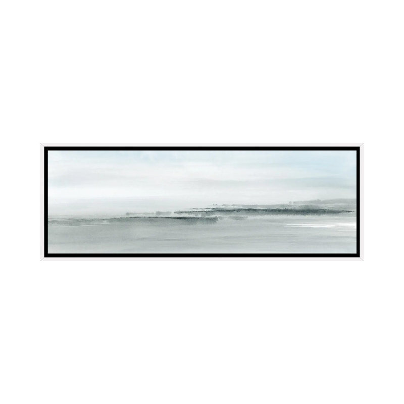 Abstrait aquarelle côtière en bleu doux - panoramique, reproduction d'art encadrée, H 16 po x l 48 po, Blanc