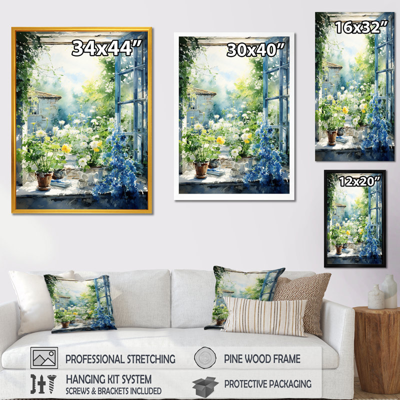 Vert et bleu campagne fenêtre charme II - ferme fenêtres, art mural sur toile, Toile tendue, 20" H x 12" W