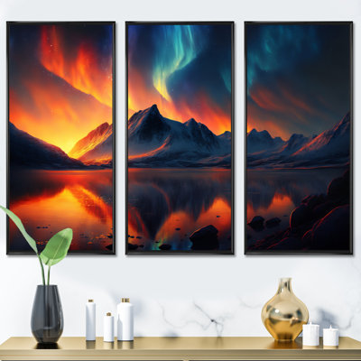«Beautiful Lake Sunset With Aurora Borealis», impression sur toile 3 pièces