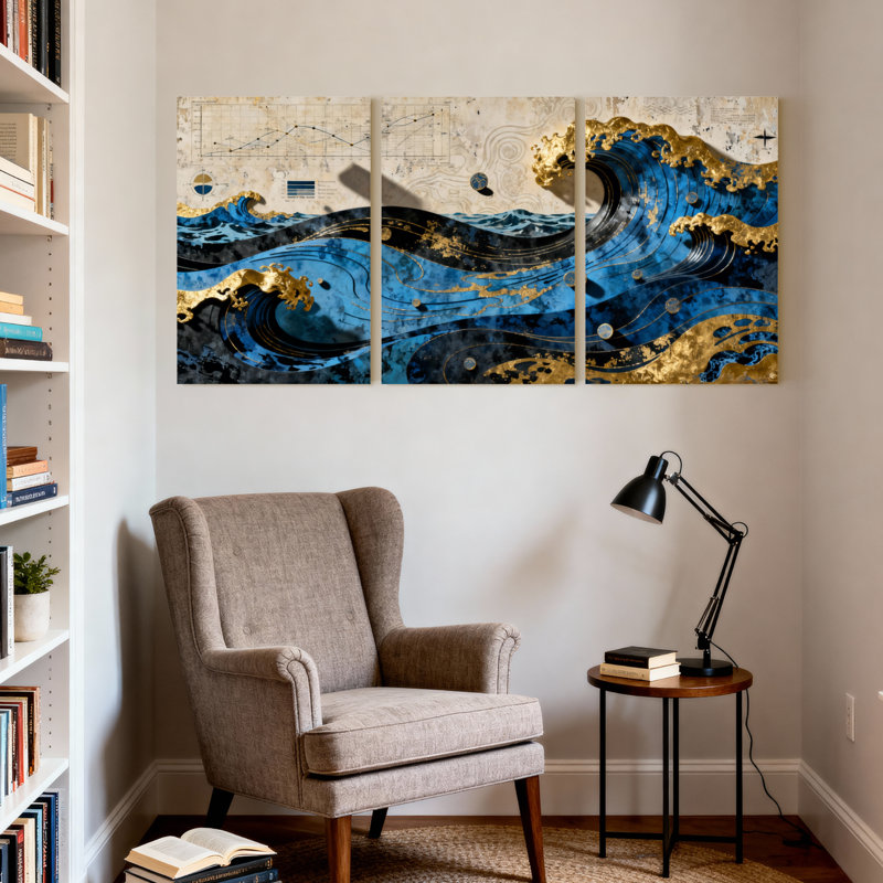 Nautique et plage, vagues de l'océan avec accents dorés et tons bleus, ensemble de 3 impressions sur toile, H 18 po x l 36 po