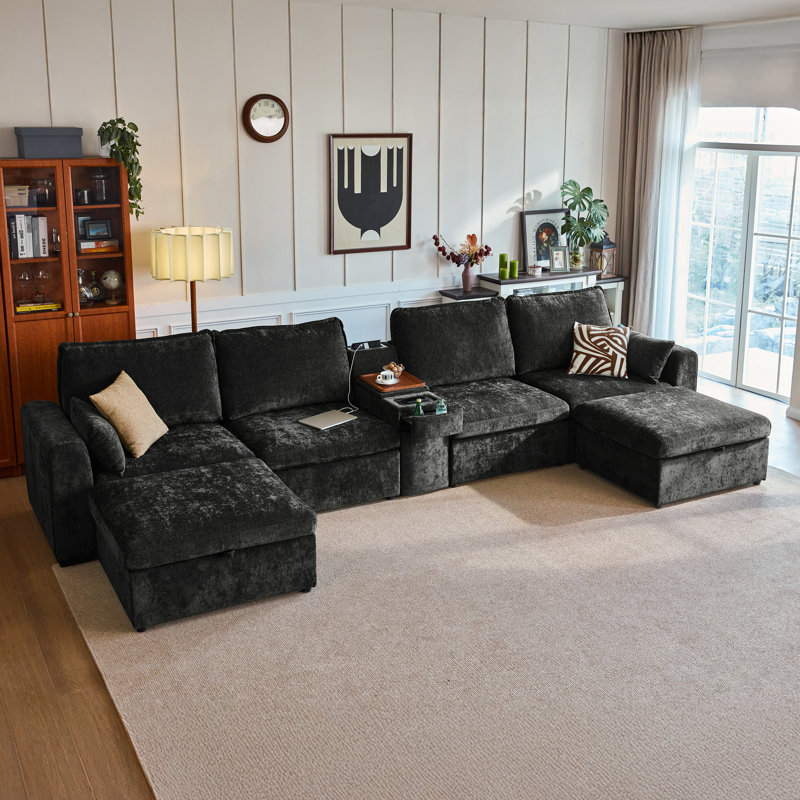 Canapé modulaire surdimensionné en U en forme de U avec canapé polyvalent en chenille surdimensionné avec console polyvalente, porte-gobelet de rangement convertible pour table d'appoint