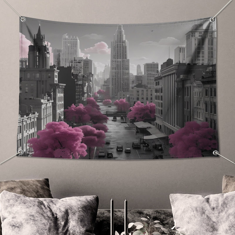 Tapisserie murale arbres roses - paysage urbain, 68 po H x 80 po L avec 4 œillets