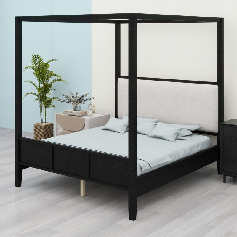 Base de lit à baldaquin en bois avec tête de lit tapissier, Black