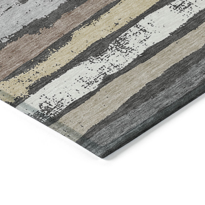 Charcoal and Beige Striped Synthetic Washable Rug