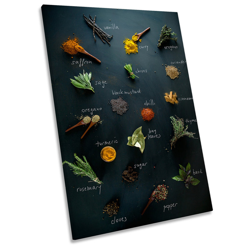 Spices Herbs Names Kitchen Picture Grey - Wrapped Canvas Art Prints, 61cm H x 40.6cm W