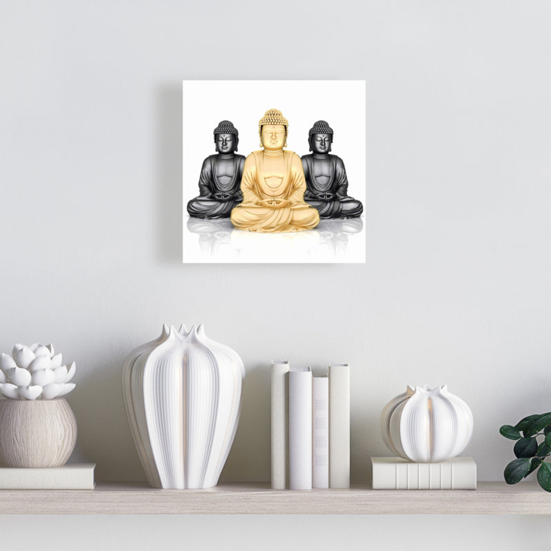 Toile de forme blanche et ethnique | Trio de Bouddhas Home Decor, H 8 po x l 8 po