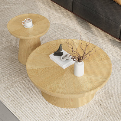 Nesting Round Coffee Table, Wood Cocktail Tables with Ash Side Table(Set of 2)