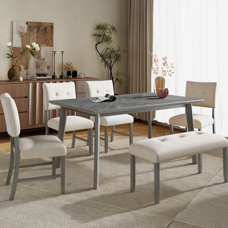 Table de salle à manger rectangulaire Mid-Century pour 6 personnes, pieds en bois d'hévéa de qualité, assemblage simple, couleur bois naturel