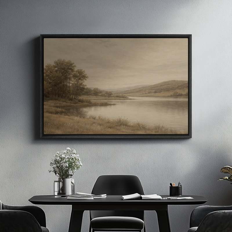 Art mural sur toile encadrée - Paysage de rivière tranquille avec arbres et Rolling Hills dans des tons neutres chaleureux - 16 po x 24 po, 24 po x 36 po