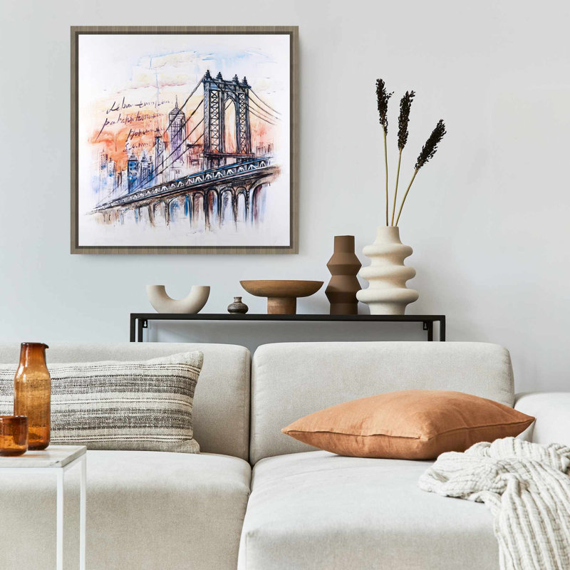Pont croquis - chambre à coucher illustrative décorative encadrée, H 25,25 po x l 25,25 po