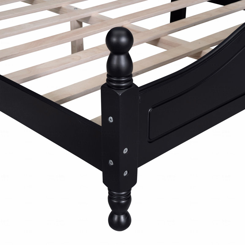 Cadre de lit double en bois pleine grandeur, cadre de lit plateforme de style rétro avec support en lattes de bois, avec finition noire