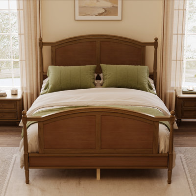 Queen Farmhouse Wood Bed Frame, Arched Panel Headboard & Footboard, Cottage Style with Spindle Posts, Slat Support, No Box Spring, Walnut