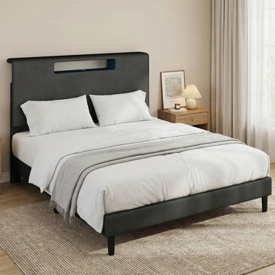 Queen Size Bed Frame with Upholstered Headboard,  Wood Slat Support Platform Bed Frame, No Box Spring Needed