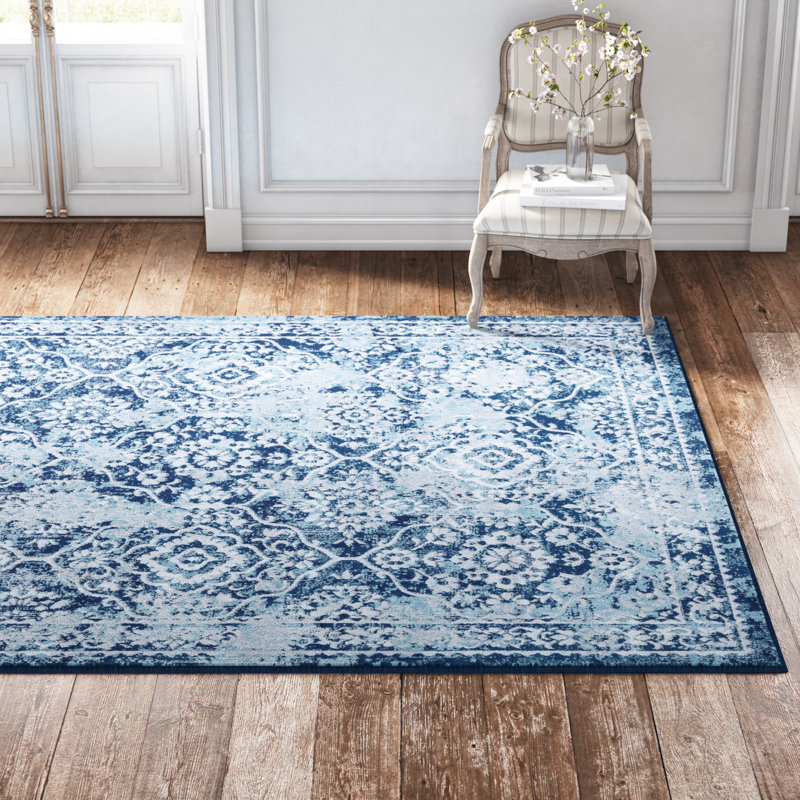 Blue/Cream Traditional Oriental Indoor Area Rug for Living Room, Dining Room, Bedroom, Rectangle 7'10" x 10'2"