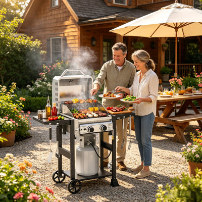 Barbecue portatif au propane à 2 brûleurs de 16 000 BTU R.W.FLAME - Comprend une housse, des roulettes, des tablettes latérales et des crochets - Idéal pour les aventures de patio, de jardin et de camping