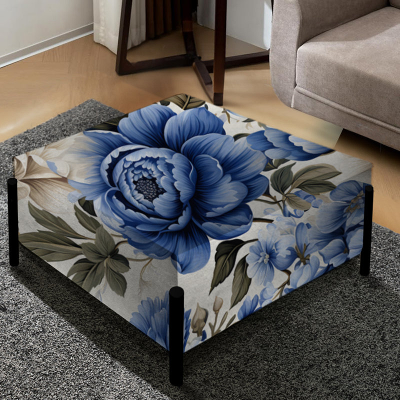 Grand repose-pieds carré bleu à motif floral de style Renaissance florale bleue