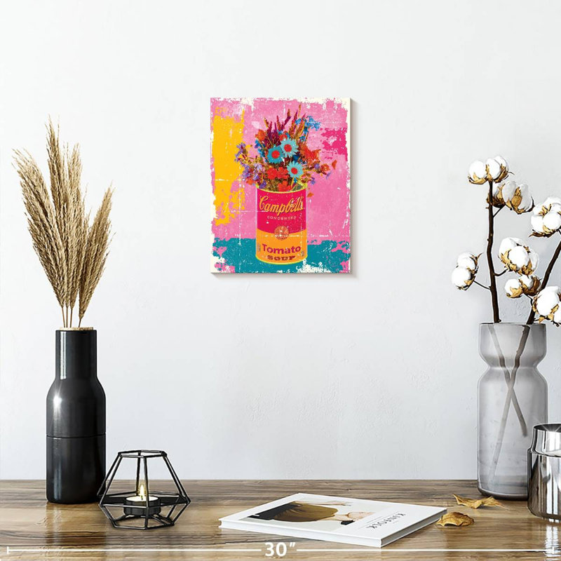 Fleurs sur pot de soupe sur toile, H 10 po x l 8 po x P 1 po