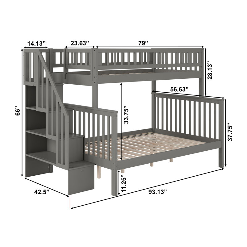 Ilariana Heavy Duty Kids Staircase Bunk Bed, Gray, Twin Over Full