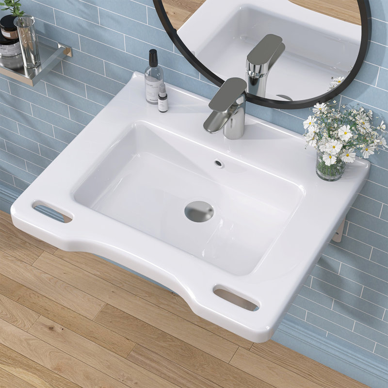 24" W X 20" D ADA Compliant Ceramic Bathroom Sink Wall-Mounted Rectangular White Sink Wall Hung Accessible Vessel Sink with Integrated Handles & Single Pre-Drilled Faucet Hole