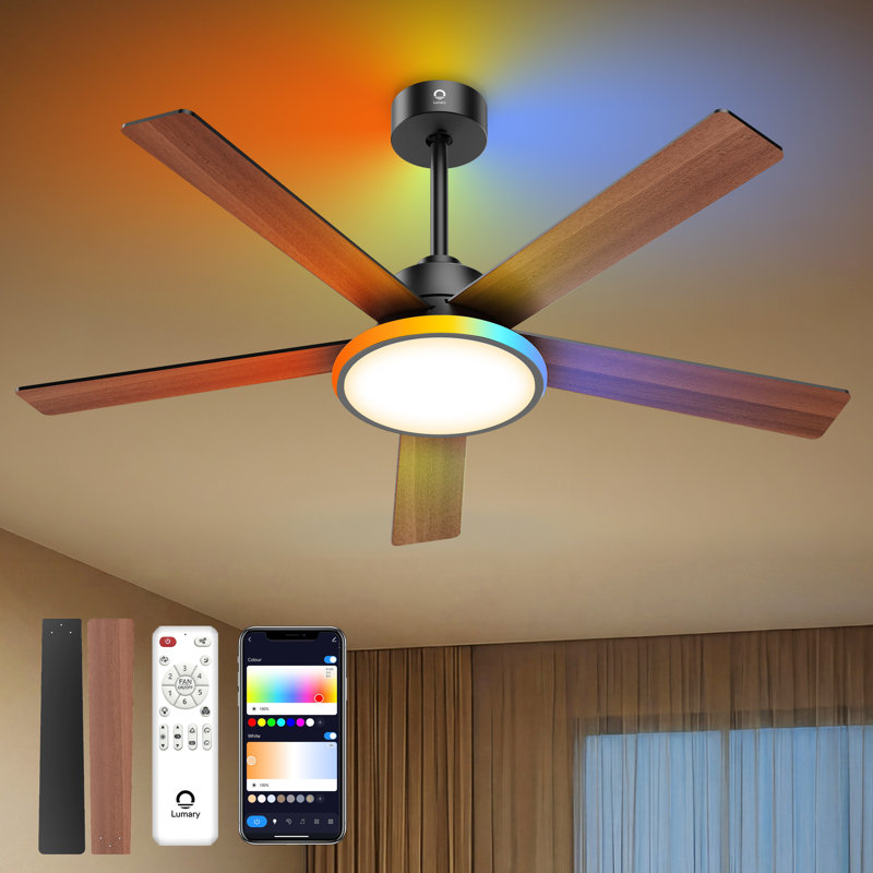 Lumary 52" Smart Ceiling Fan with RGBAI Lights Remote, WiFi Bluetooth Low Profile Ceiling Fan with Alexa/Google/App,Dimmable & Color Tuning, 5"/10" downrods Mount(Black)