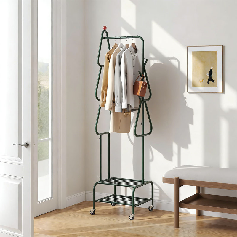 Portant à vêtements robuste avec roulettes verrouillables, 4 crochets et tablette de rangement, portemanteau mobile pour vestibule, chambre à coucher ou garde-robe