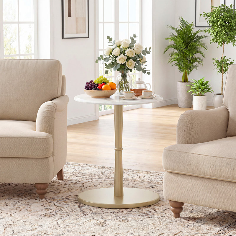 1 table d'appoint ronde en marbre avec finition en pierre et base en bois pour salon, blanc et or, 1