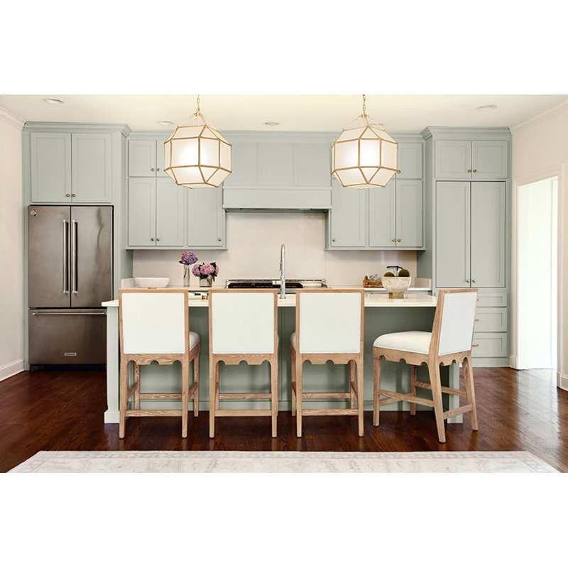Square Back Counter Stool with Decorative Apron with Performance White Linen Upholstery, Matte Light Blue