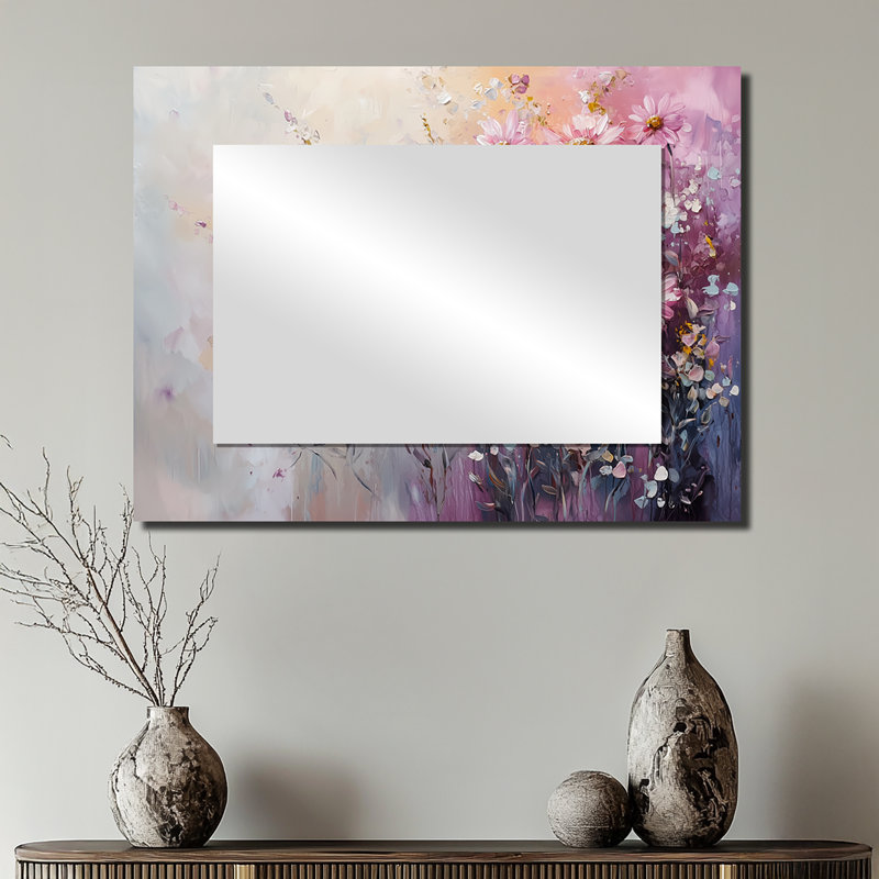 Lavande, minimalisme, tournesols, champ de rêves I - décoration murale miroir floral - imprimé sur métal, 24 po x 32 po