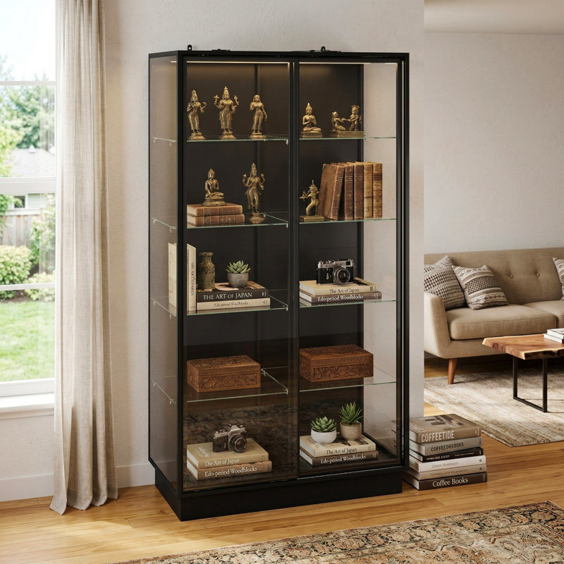 72,8 po Vitrine vitrée noire H avec portes coulissantes en verre et rangement en verre à 3 lumières DEL