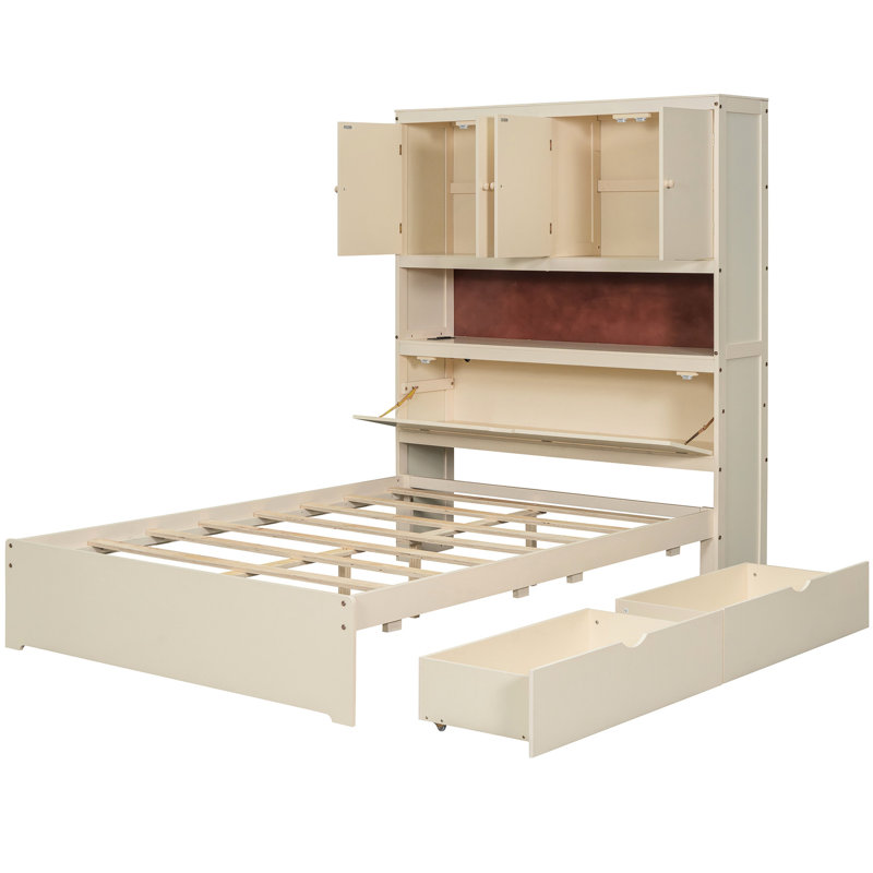 Lit double crème avec espace sous le tiroir et plateforme de raccordement pour tête de lit, options de rangement