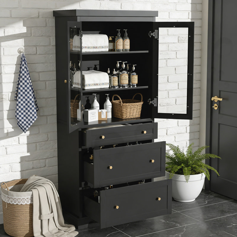 Grande armoire de salle de bain avec 2 tablettes réglables et portes en verre, Noir