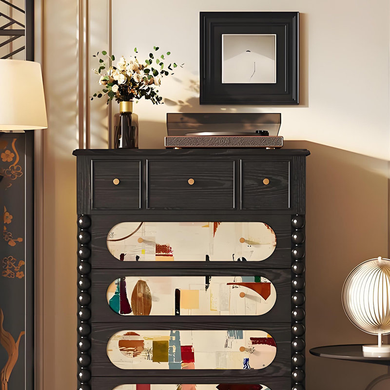 Commode en bois massif minimaliste français avec poignées en cuivre, Noir, noir, noir, noir