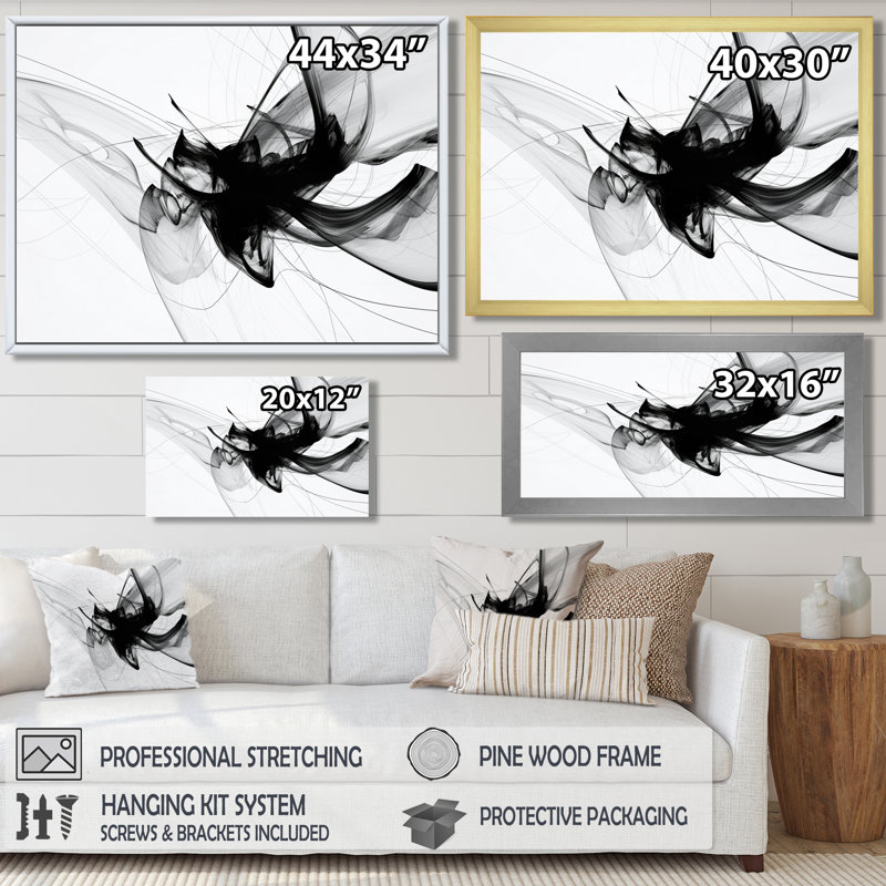 Reproduction d'art mural abstrait monochrome noir et blanc, Toile tendue, H 34 po x l 44 po x P 1,5 po