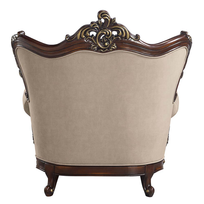 Light Brown Linen and Cherry Wood Floral Accent Chair