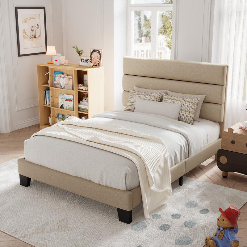 Platform Bed Frame with Headboard, Beige, Twin