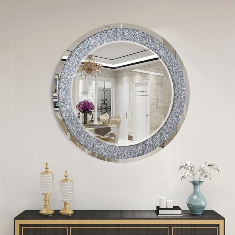 Magnifique miroir mural rond en diamant écrasé, exquis et durable pour tout espace