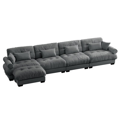 Convertible Deep 4-seat Velvet Upholstered Sectional Sofa With Lumbar Pillows, Throw Pillows And Padded Armrests