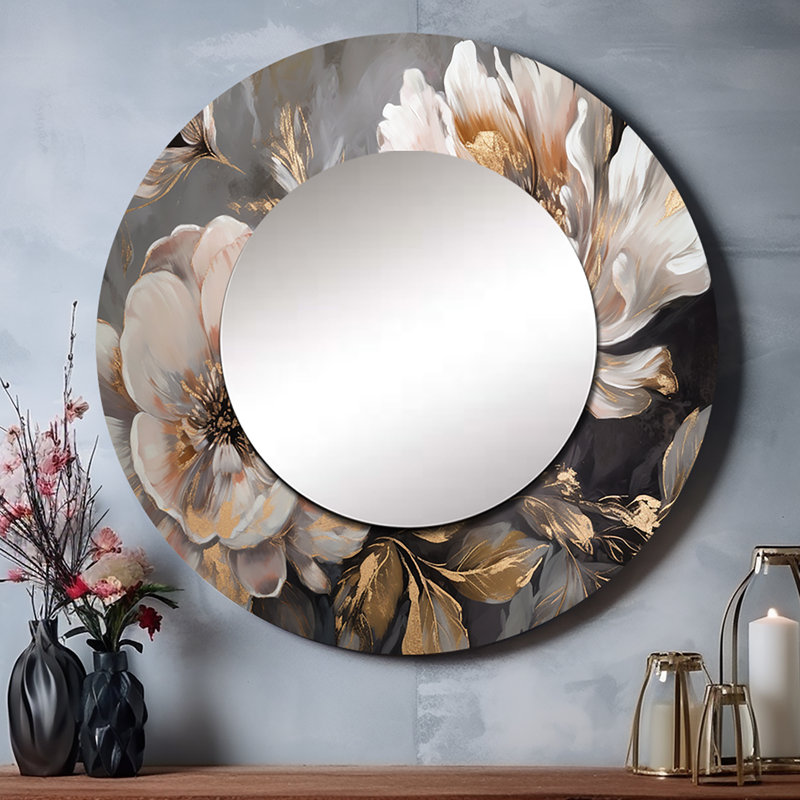 Onesimo blanc gris pivoine Blooms In Motion IV - miroir mural décoratif pivoines, miroir rond moderne, impression d'art en métal
