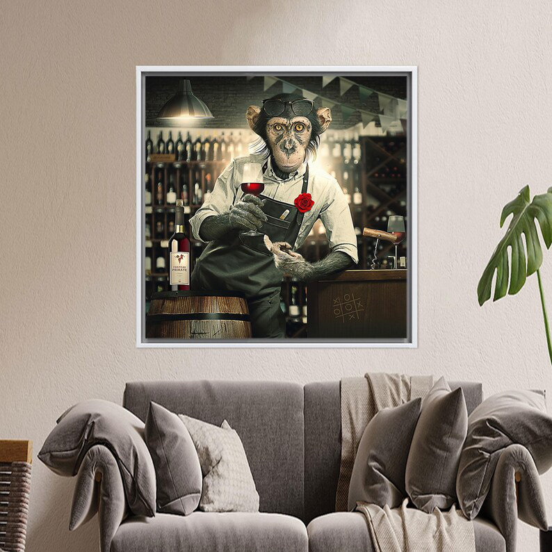 Banksy-Inspired Large Canvas Art featuring Trendy 3D Barmen Monkey - A Perfect Gift, 60 cm H x 60 cm W, White Floater Framed