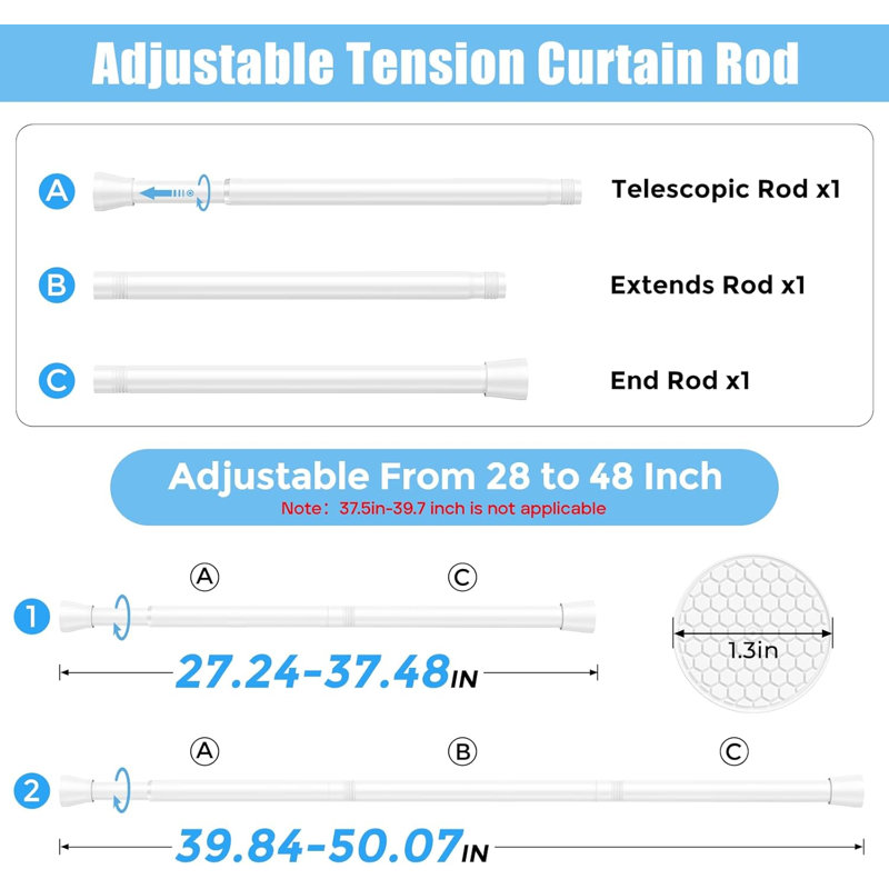 Tension Rods For Curtains 28 To 48 Inch,Spring Tension Rod No Drill Shower Rod, White
