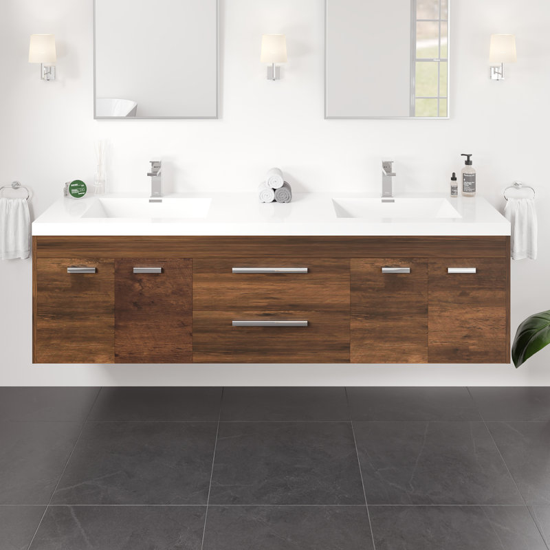 Ensemble de meuble-lavabo mural en bois de rose avec comptoir en acrylique blanc et lavabos intégrés en bois de rose l 72 po x P 20 po Wauconda