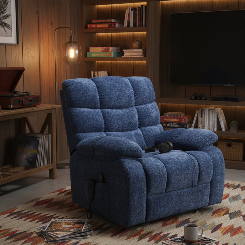 Classic Power Chenille Lift Recliner with Storage Pocket, Massage and Lumbar Heating Function, Dark Blue Chenille