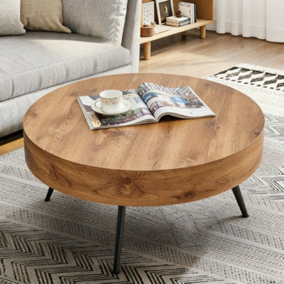 31.5" Modern Mid-Century Round Wood Coffee Table with Metal Hairpin Legs