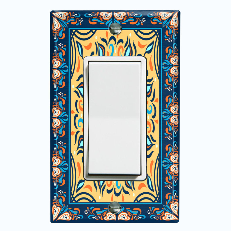 Metal Light Switch Plate Outlet Cover (Yellow Sun Flower Blue Frame   - Single Rocker)