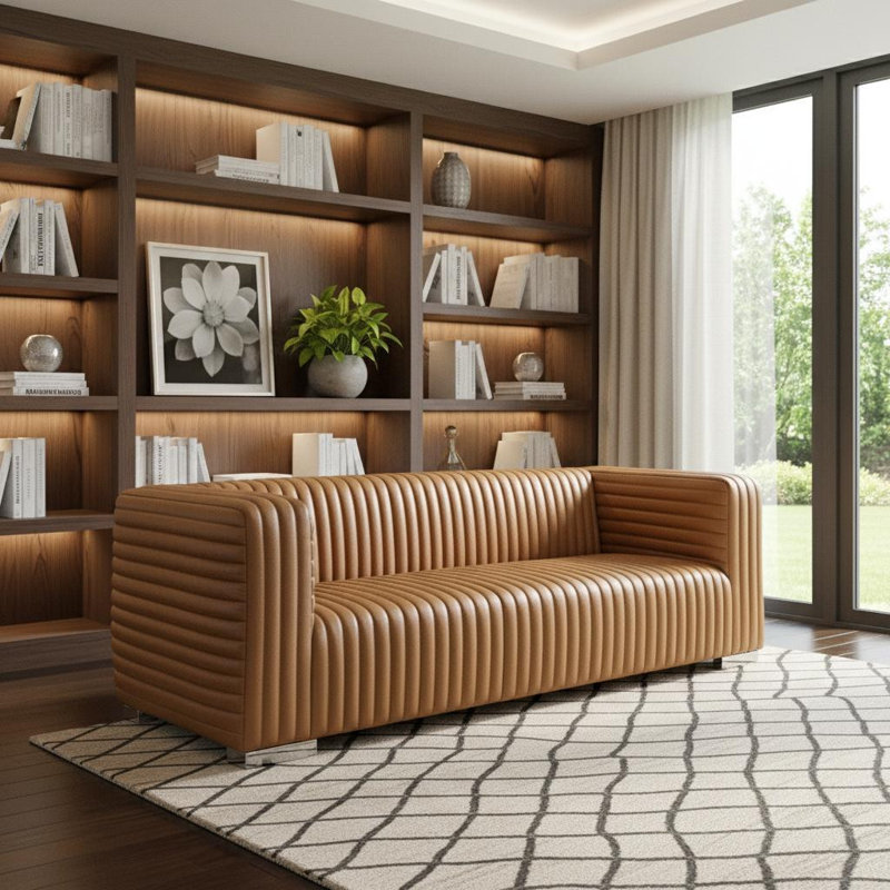  83" Brown Channel Tufted Leather Sofa
