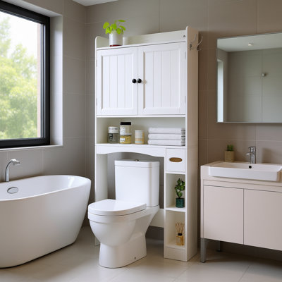 Corneliea 70'' H Freestanding Over-the-Toilet Storage Cabinet with Doors and Side Shelves