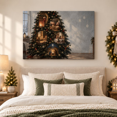 " Green Tree With Nativity Scene And Snowflakes Christmas " Painting